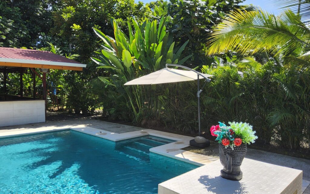 Outdoor pool with an umbrella, tropical plants, and a vase of colorful flowers on a white table in sunlight.